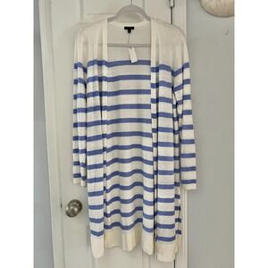 Talbots Petite Linen Stripe Cardigan Dress Women's PL Blue White Open Front NWT